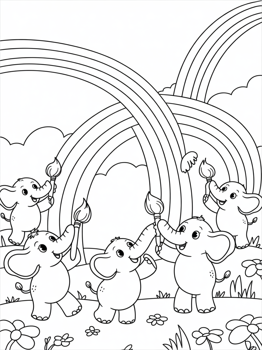 Elephants painting colorful rainbows - Free Coloring Page