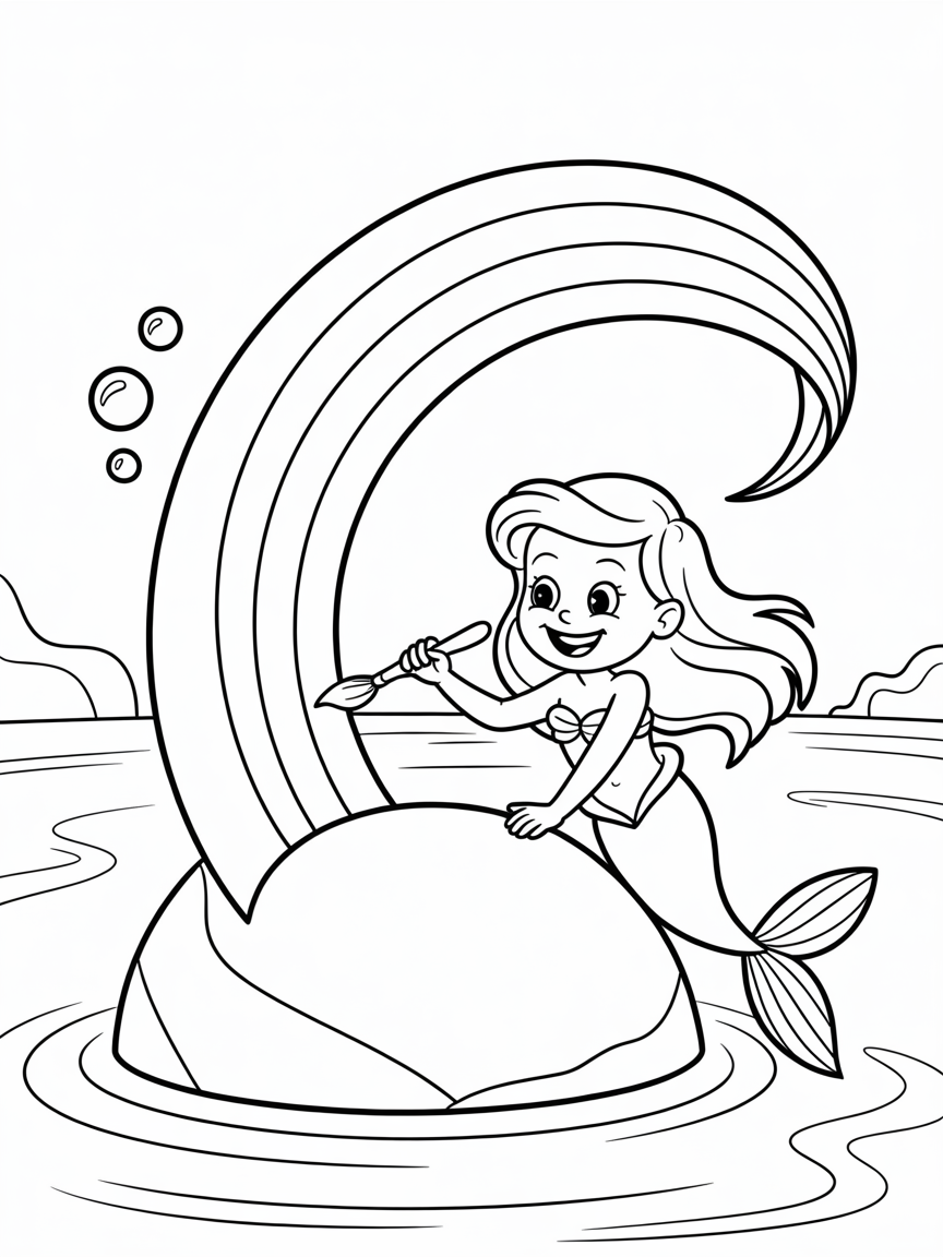 Mermaid painting a rainbow mural - Free Coloring Page