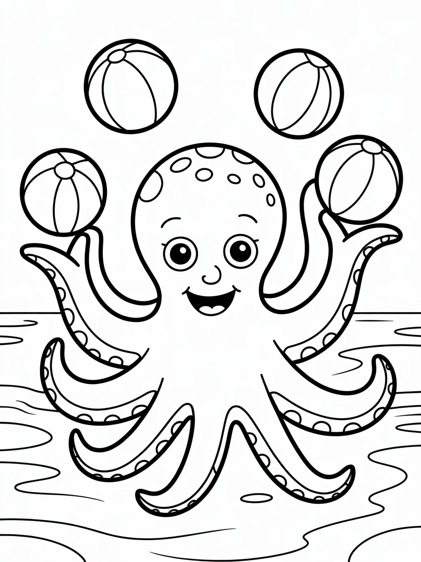 Octopus juggling colorful beach balls - Free Coloring Page