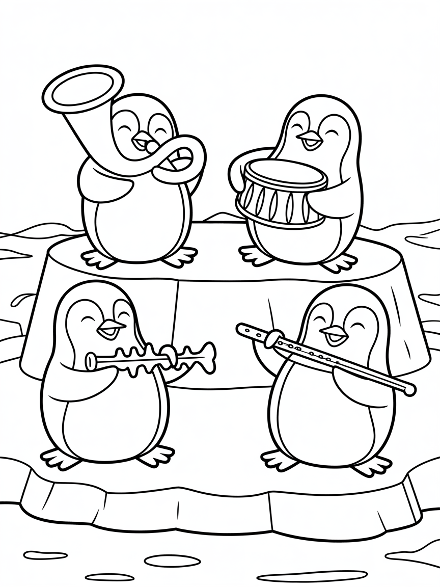 Penguin Orchestra Playing Ice Instruments - Free Coloring Page