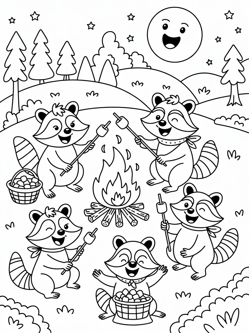 Raccoons hosting a moonlit marshmallow roast - Free Coloring Page