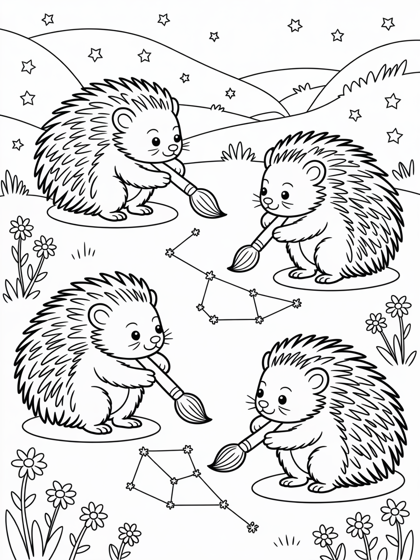 Porcupines painting constellations in a starry field - Free Coloring Page
