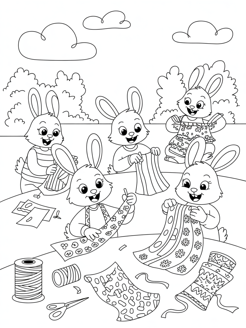 Rabbits crafting whimsical wind socks from fabric scraps - Free Coloring Page