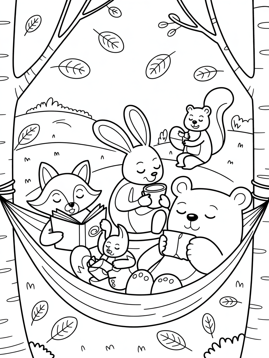 Woodland friends relaxing in a hammock under falling leaves - Free Coloring Page