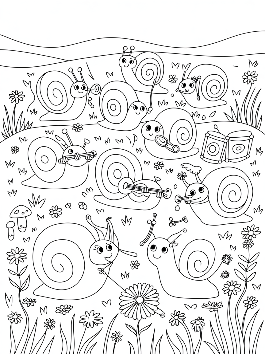 Snail orchestra playing tunes in a clover meadow - Free Coloring Page