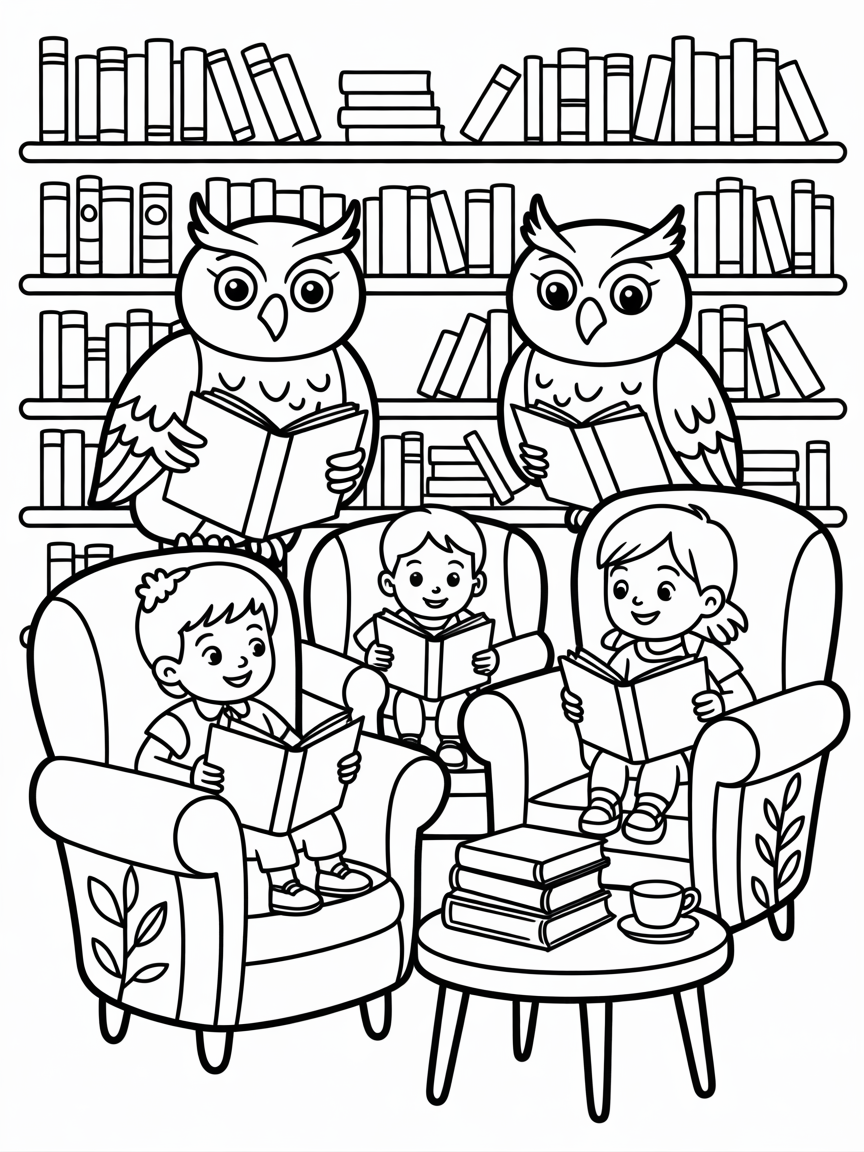 Armchair reading session with wise owl librarians - Free Coloring Page
