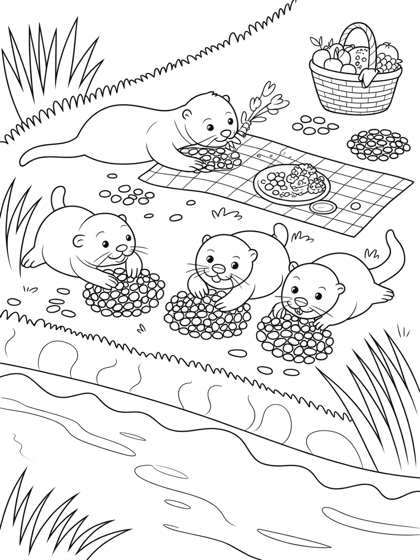 Riverbank picnic with otters making pebble mosaics - Free Coloring Page