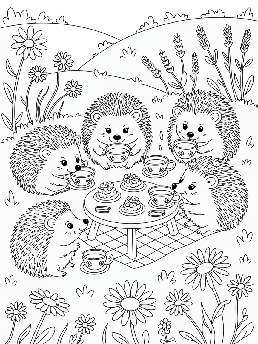 Garden tea party with hedgehogs sipping honeyed chamomile - Free Coloring Page