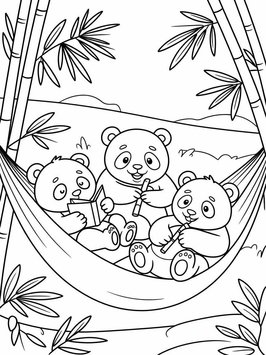 Pandas lounging in a bamboo hammock haven - Free Coloring Page