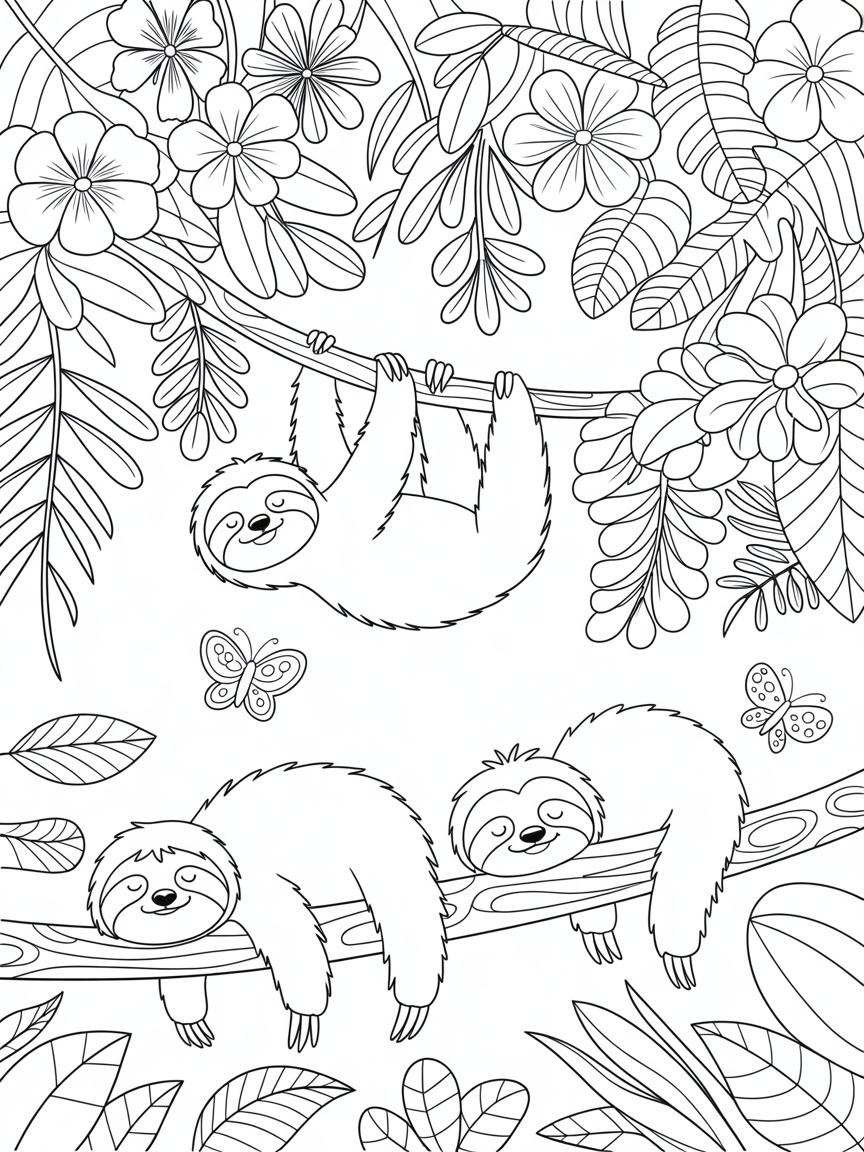 Sloths napping under a canopy of tropical flowers - Free Coloring Page