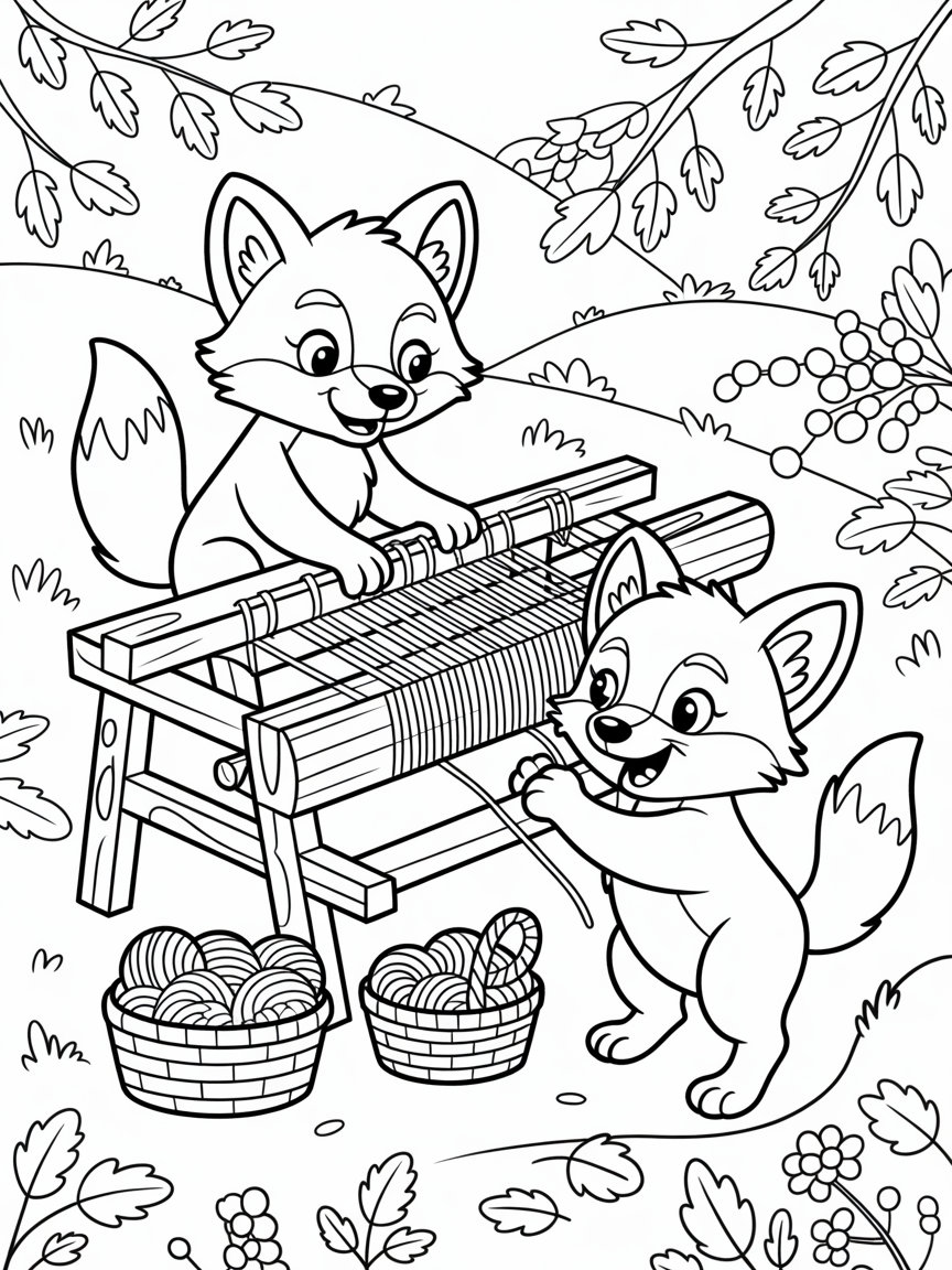 Foxes weaving vibrant cloth on a woodland loom - Free Coloring Page
