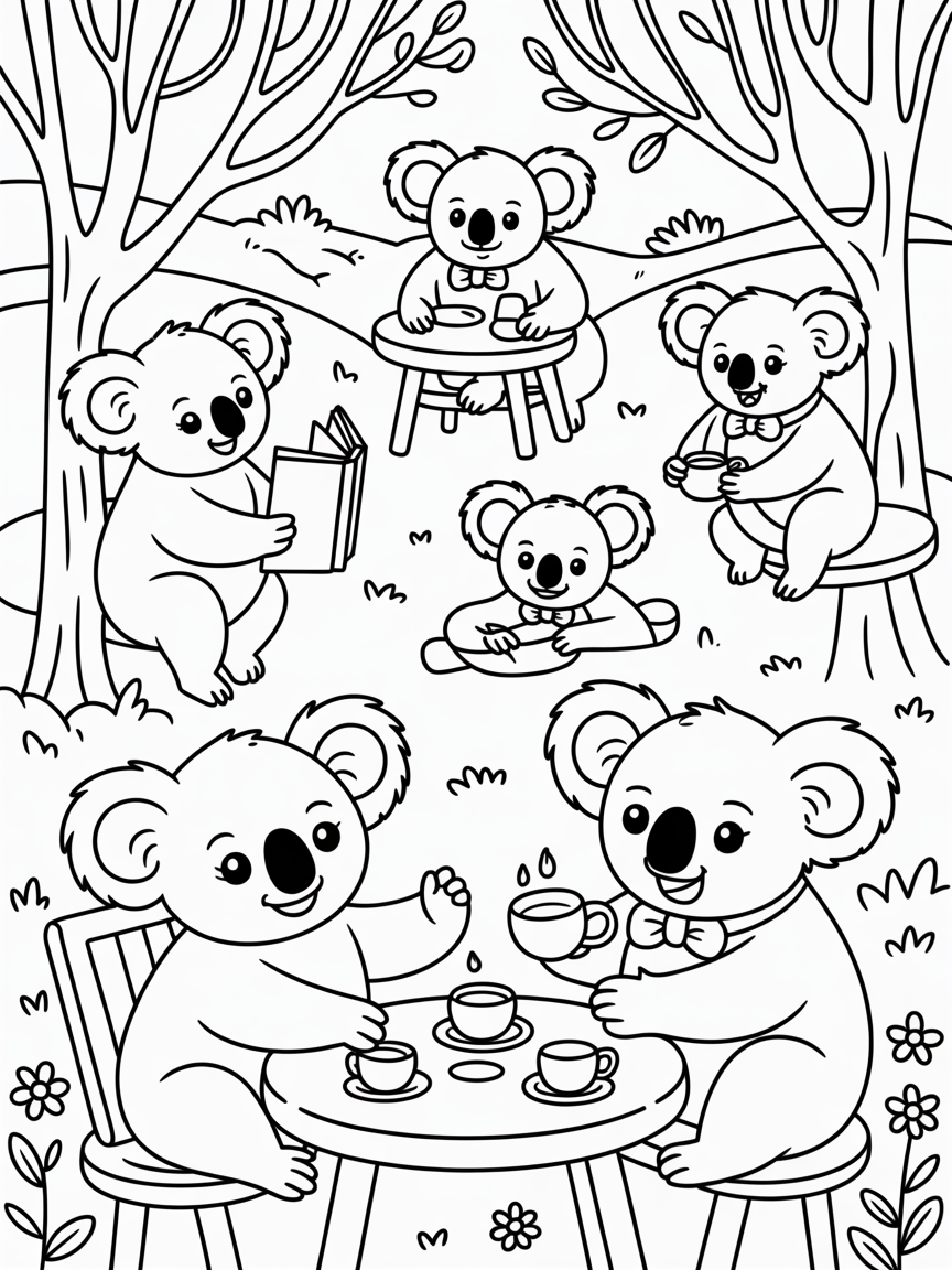 Koalas enjoying a eucalyptus tea garden - Free Coloring Page