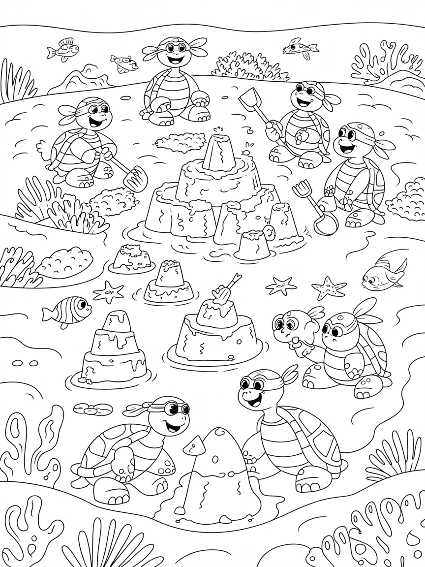 Turtles hosting a sandcastle-building contest by the reef - Free Coloring Page
