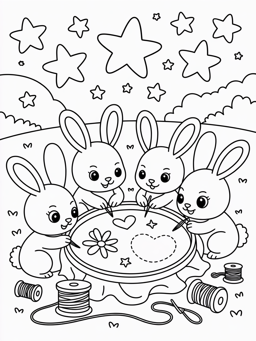 Bunnies embroidering colorful patterns under a starlit sky - Free Coloring Page