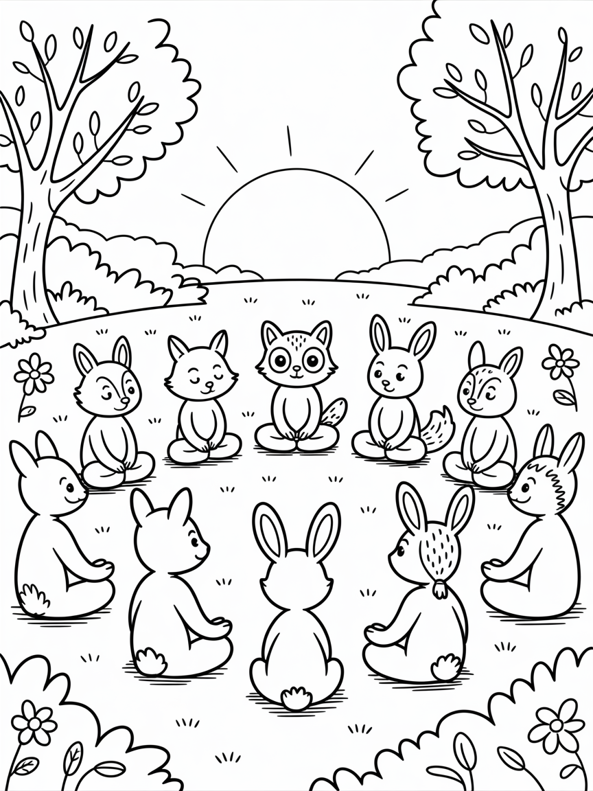 Forest animals hosting a sunrise meditation circle - Free Coloring Page