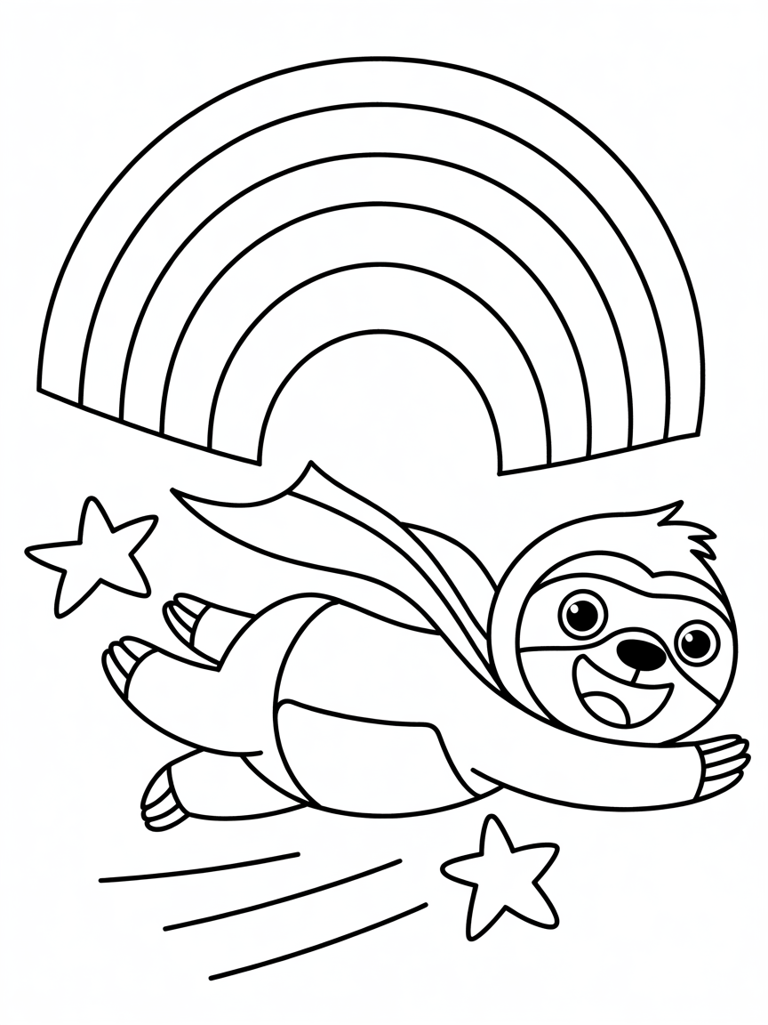 Superhero sloth flying through rainbows - Free Coloring Page
