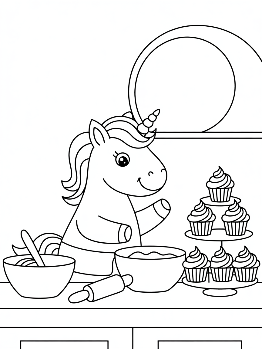 Unicorn baking rainbow cupcakes - Free Coloring Page