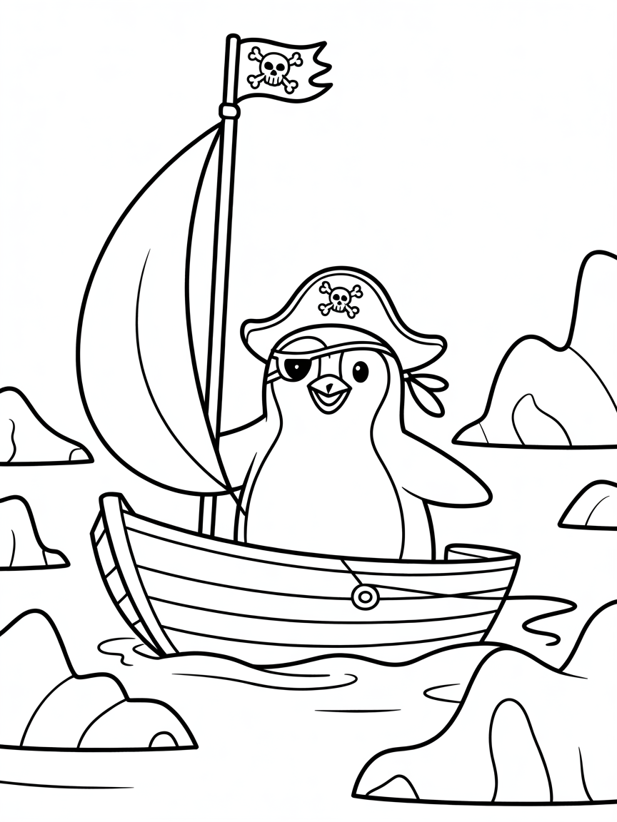 Pirate penguin sailing through icebergs - Free Coloring Page