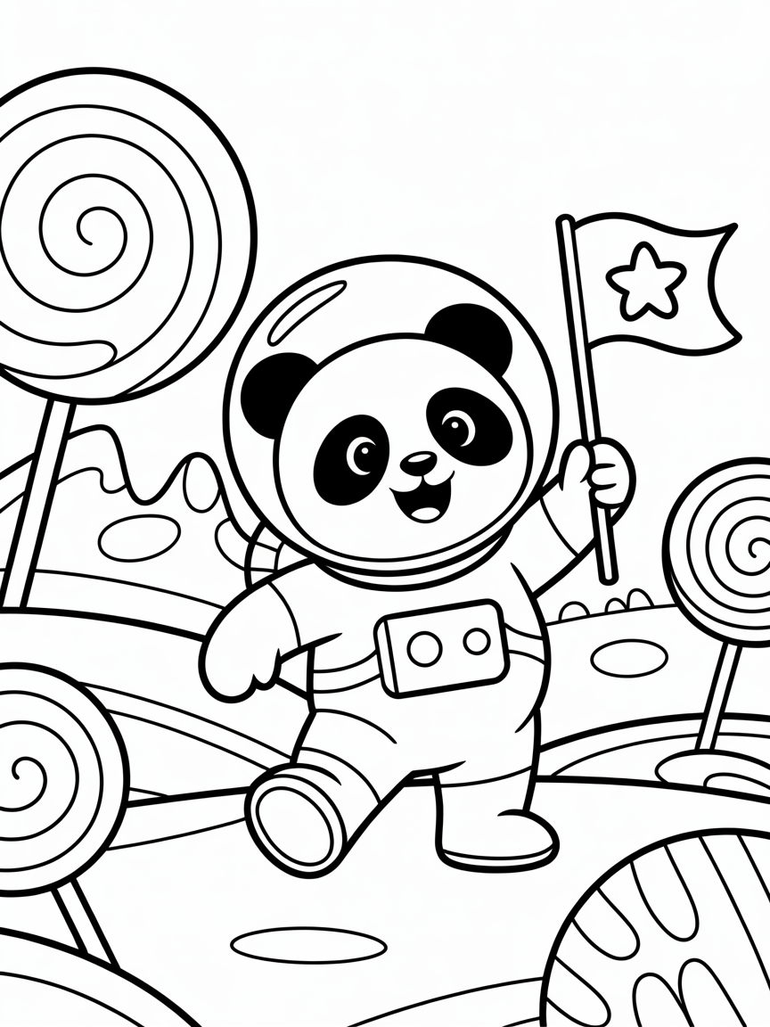 Panda astronaut exploring a candy planet - Free Coloring Page