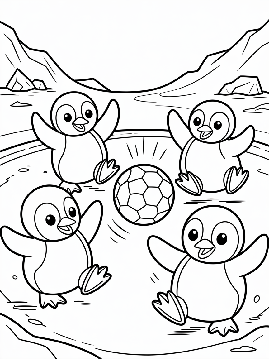 Penguins playing soccer in Antarctica - Free Coloring Page