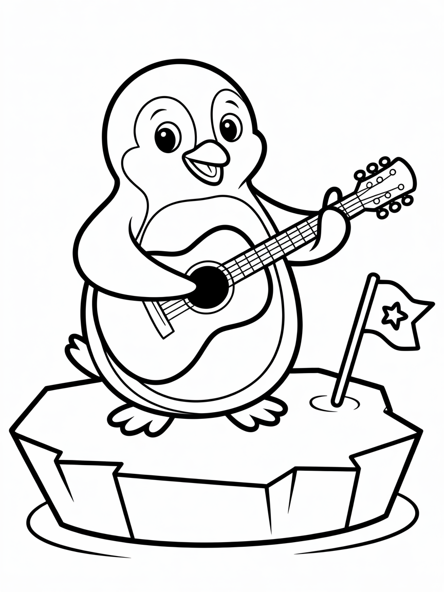 Penguin playing guitar on iceberg - Free Coloring Page