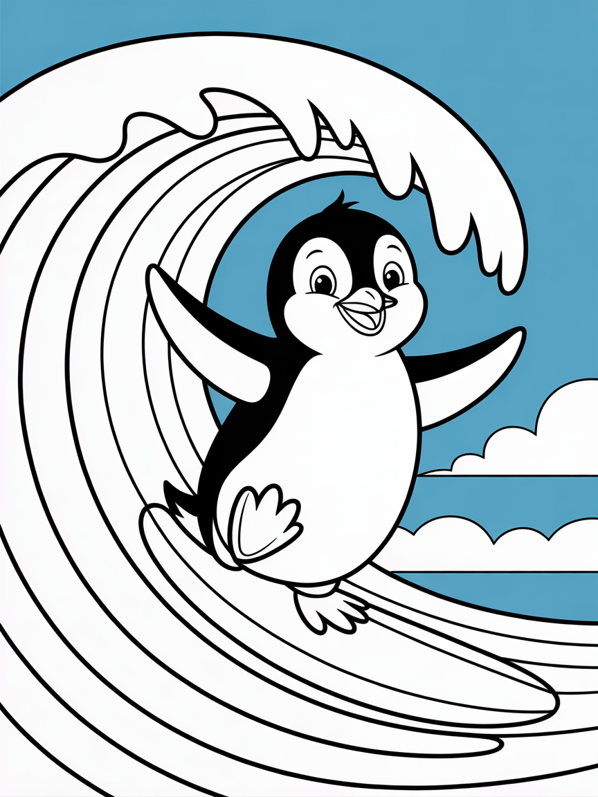 Penguin surfing on rainbow waves - Free Coloring Page