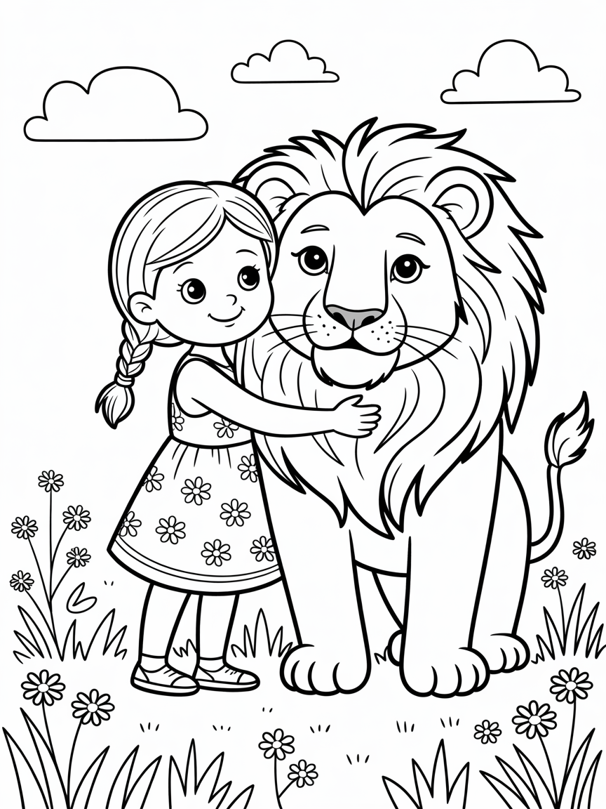 Girl hugging a lion - Free Coloring Page