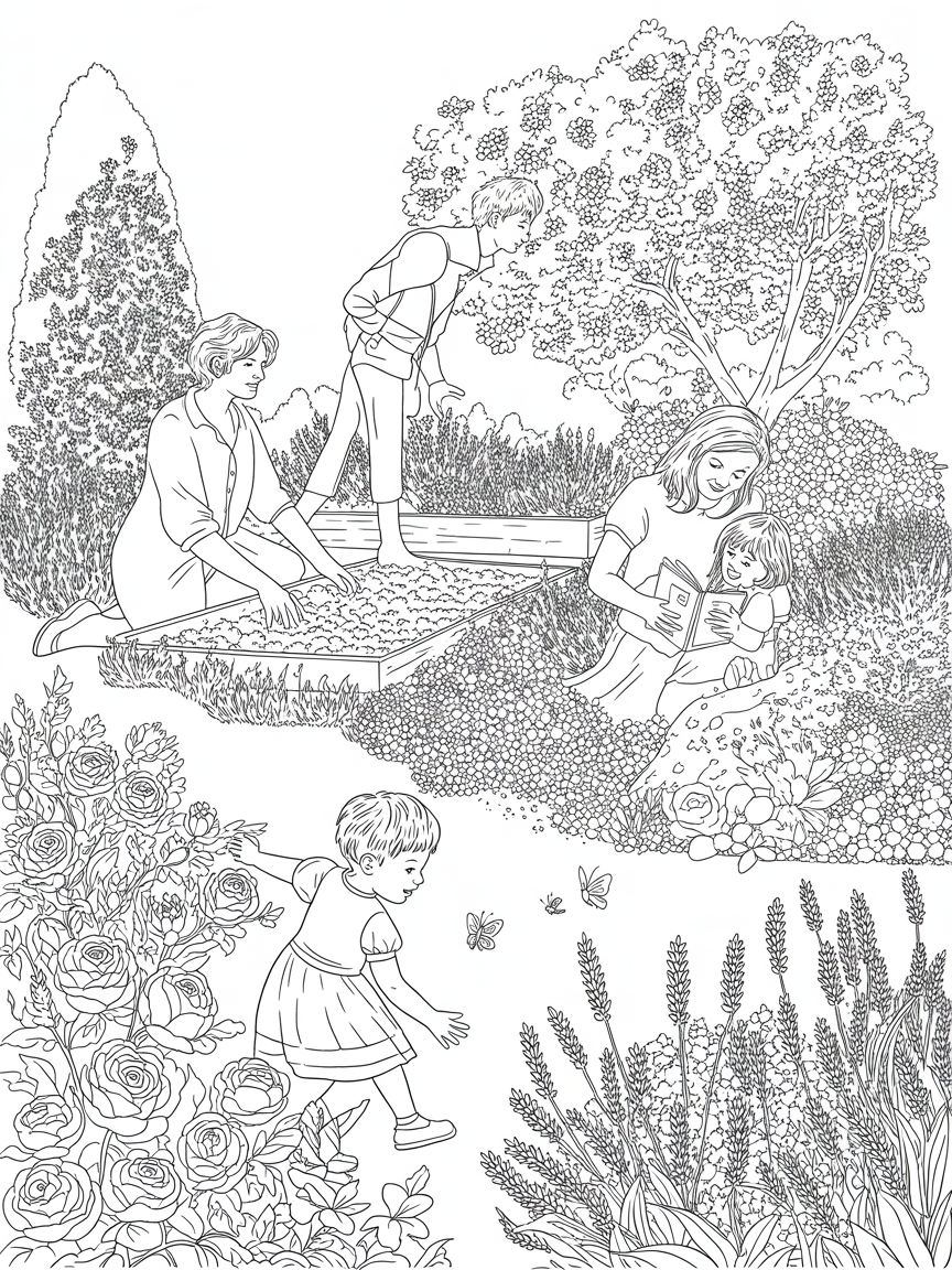 Family of 4 in the garden - Free Coloring Page