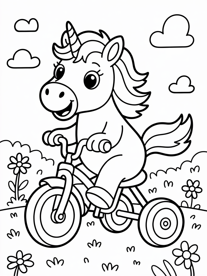 A unicorn riding a tricycle - Free Coloring Page