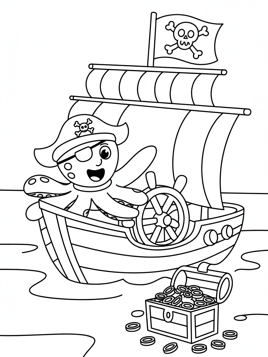 Pirate octopus steering a treasure ship - Free Coloring Page