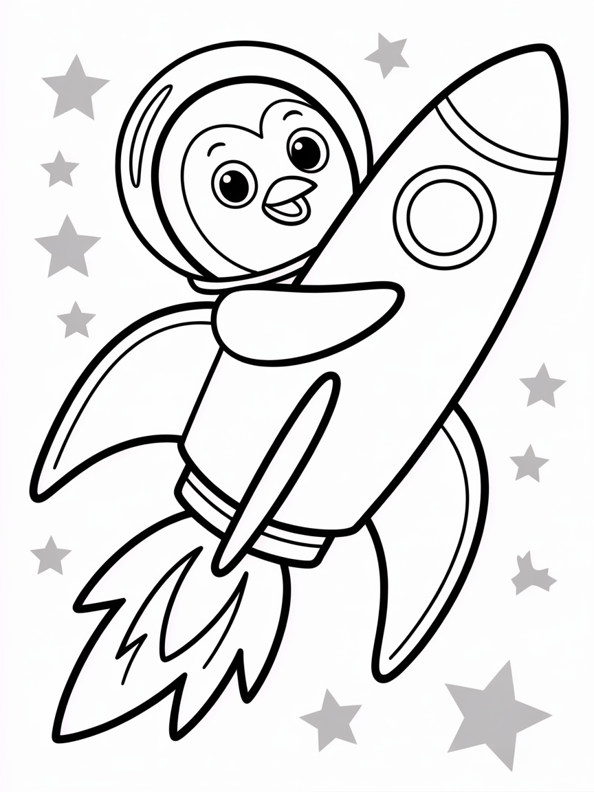 Space penguin flying a rocket - Free Coloring Page