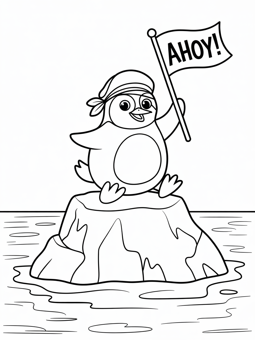 Pirate penguin sailing an iceberg - Free Coloring Page