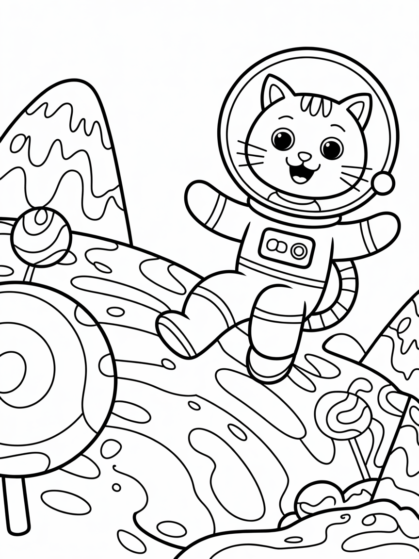 Astronaut cat exploring a candy planet - Free Coloring Page