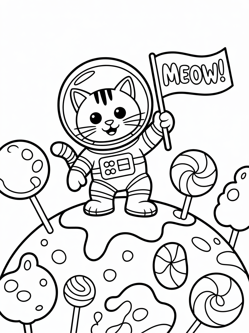 Astronaut cat exploring a candy planet - Free Coloring Page