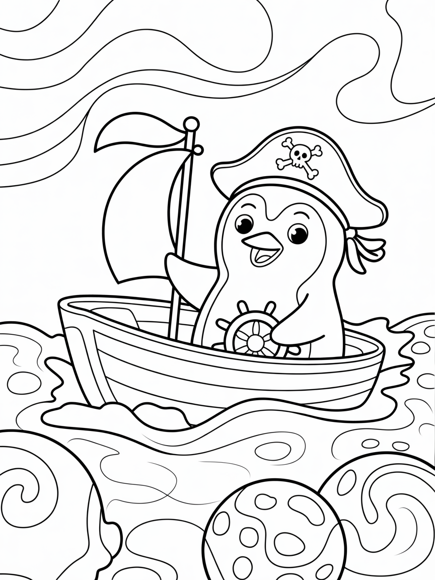 Pirate penguin sailing ice cream seas - Free Coloring Page