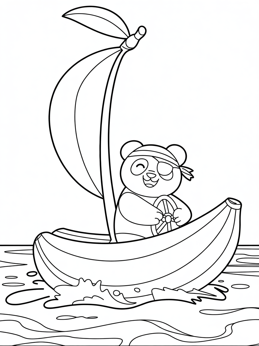 Pirate panda sailing a banana boat - Free Coloring Page