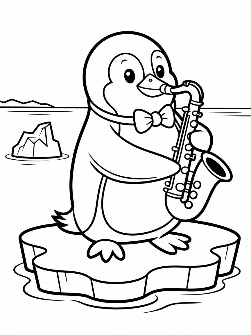 Penguin playing saxophone on ice - Free Coloring Page
