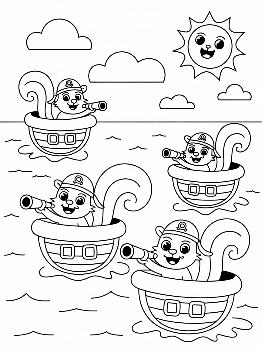 Pirate squirrels sailing in acorn ships - Free Coloring Page