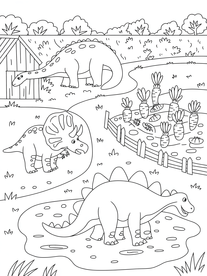 Farm of dinosaurs - Free Coloring Page