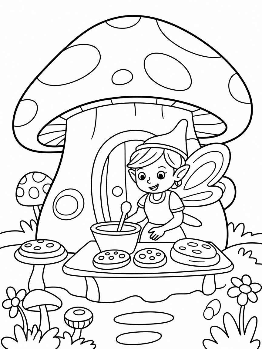 Fairy baking cookies in mushroom house - Free Coloring Page