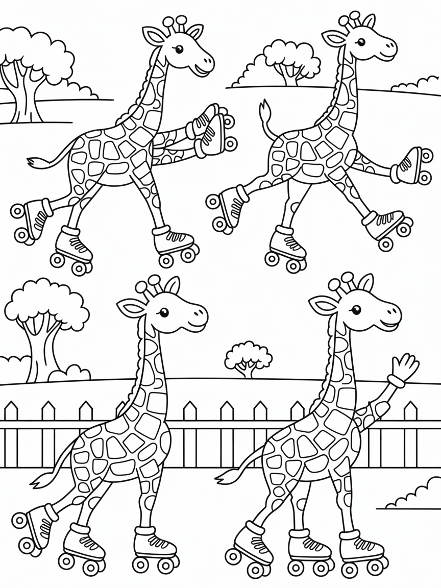 Giraffes wearing roller skates at the zoo - Free Coloring Page