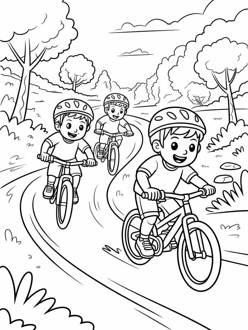 2 boys mountain biking - Free Coloring Page