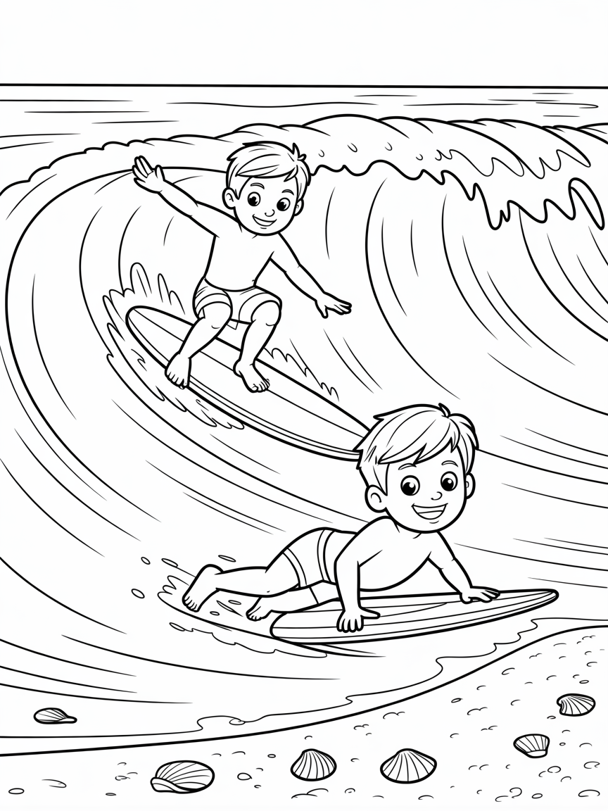 1 boy bodyboarding 1 boy surfing - Free Coloring Page