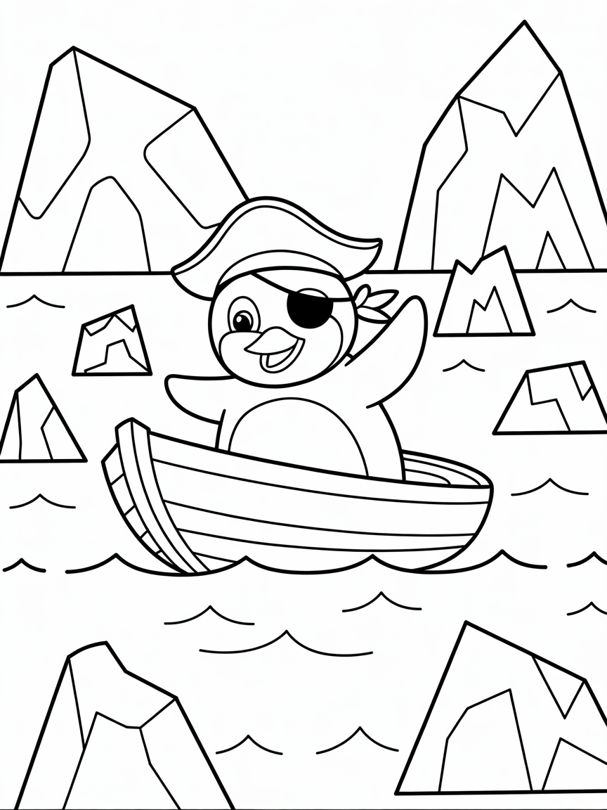 Pirate penguin sailing on icebergs - Free Coloring Page