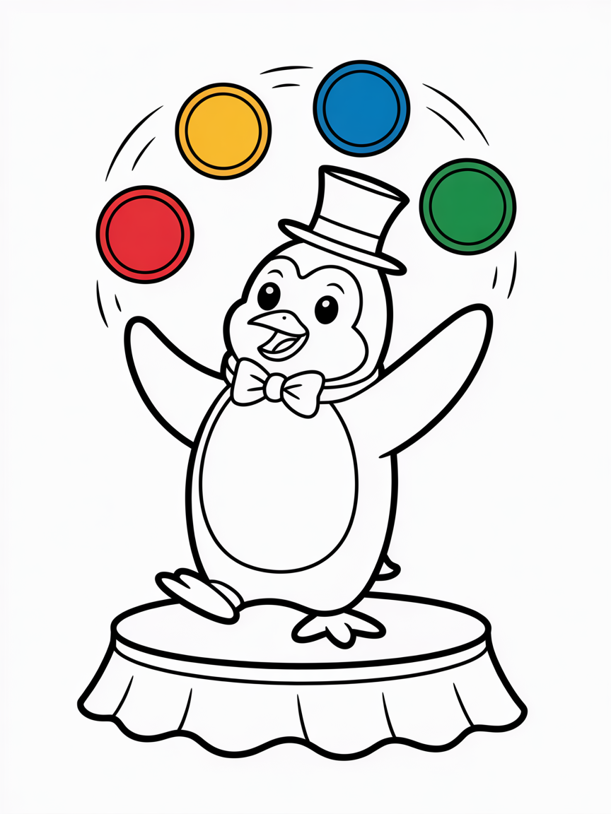 Circus penguin juggling colorful balls - Free Coloring Page