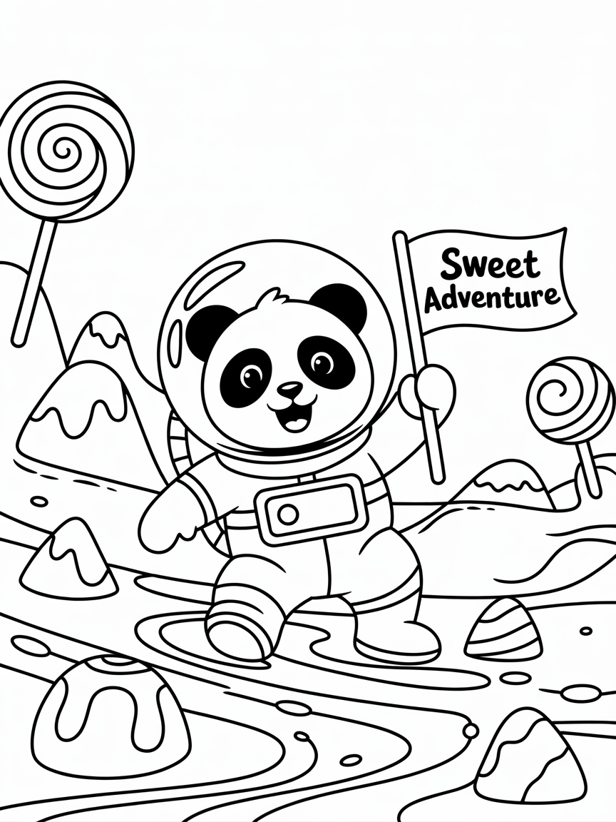 Panda astronaut exploring candy planet - Free Coloring Page
