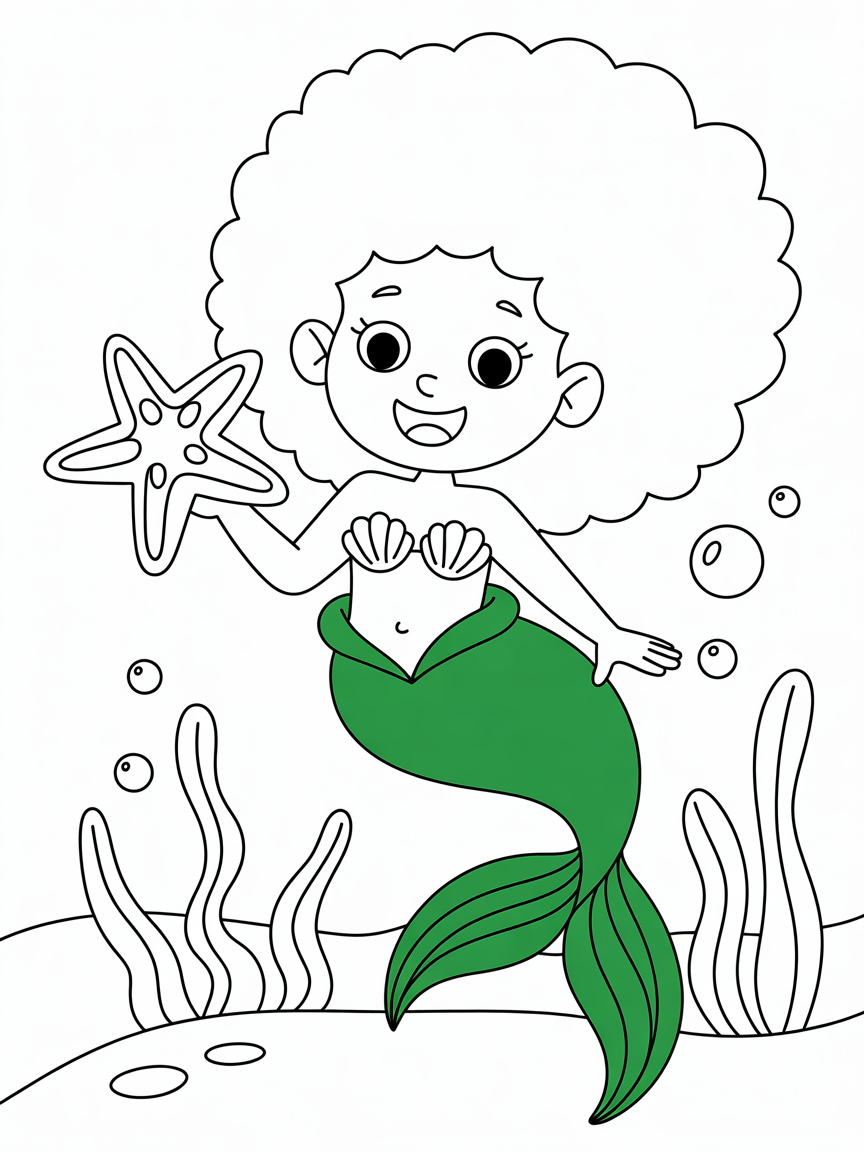 Black mermaid with long afro hair, green shell bra and green tail fin - Free Coloring Page
