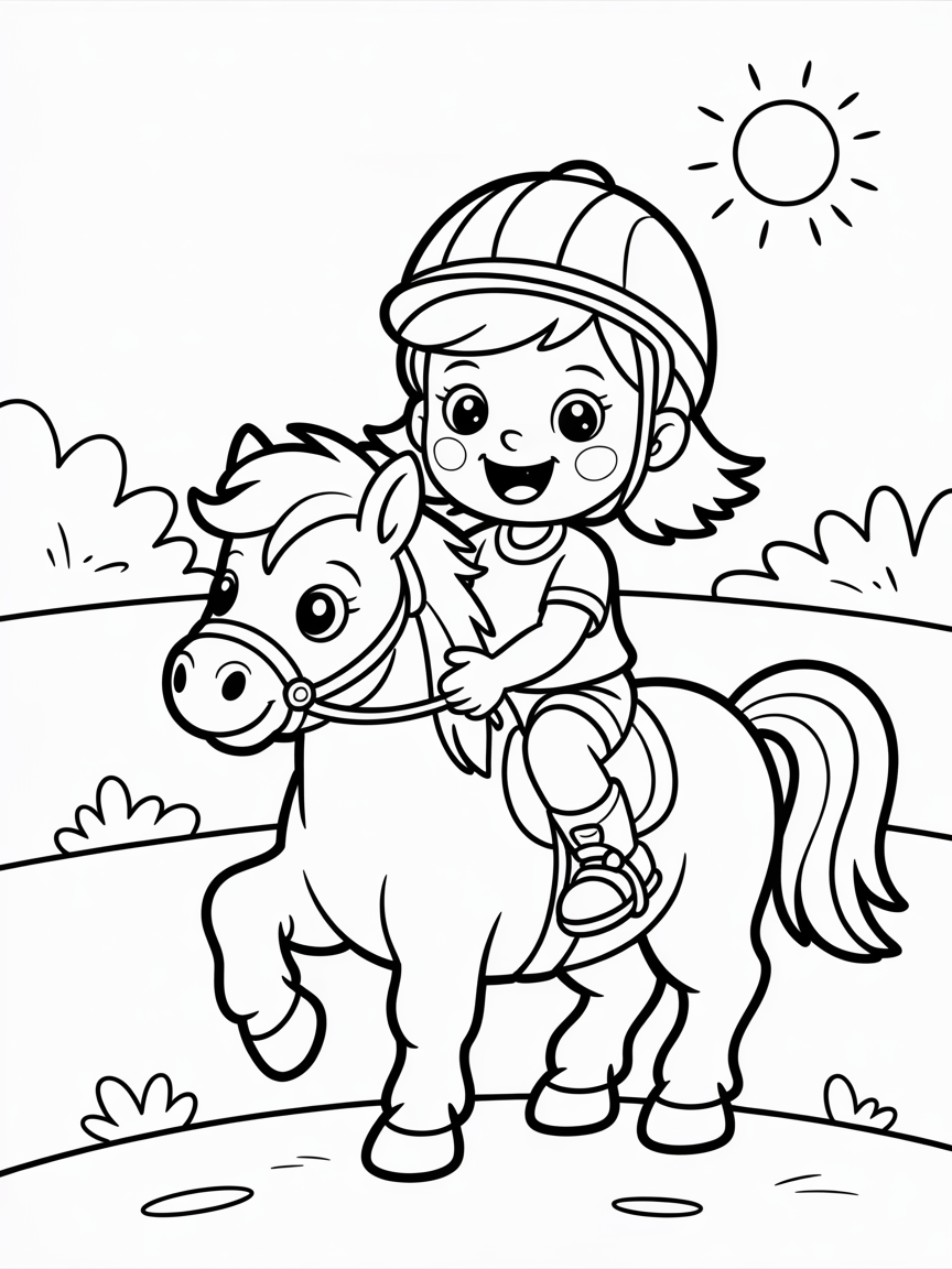 Little girl with a helmet riding a pony - Free Coloring Page