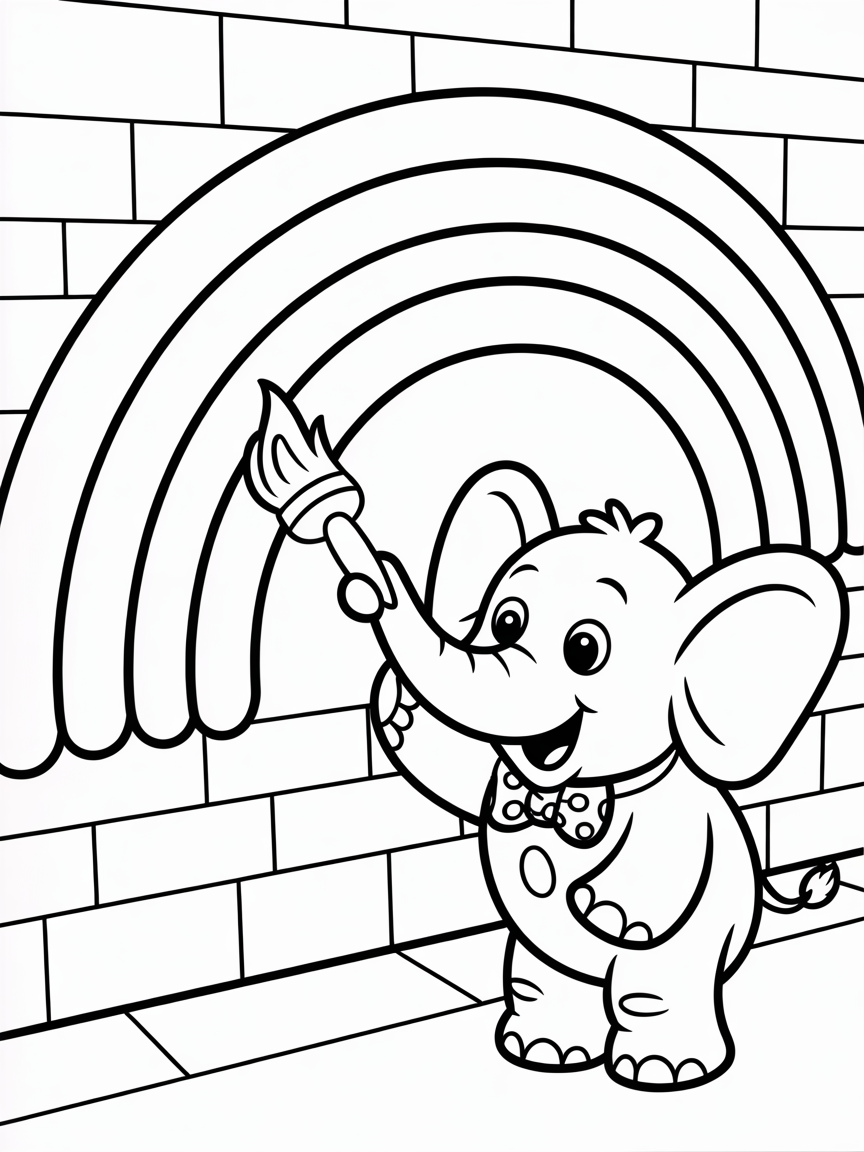 Elephant painting a rainbow mural - Free Coloring Page