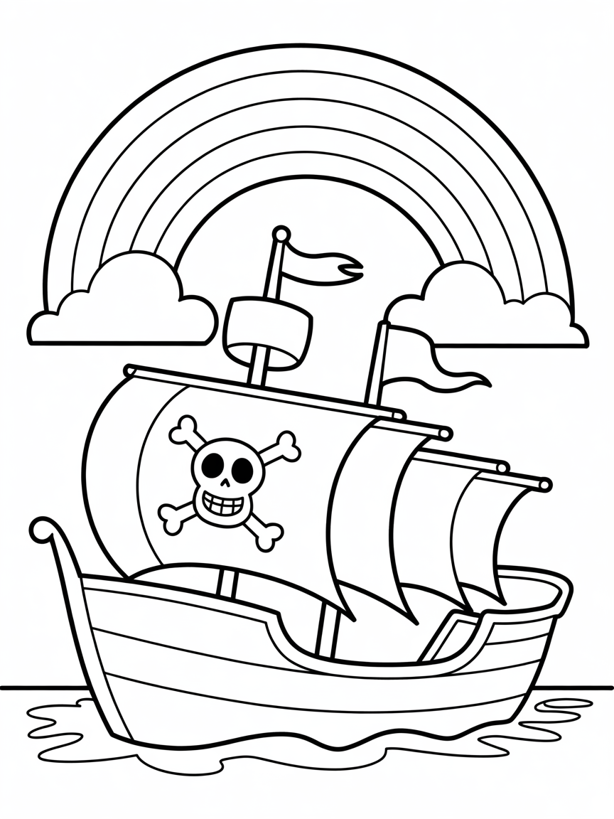 Pirate ship sailing on a rainbow - Free Coloring Page